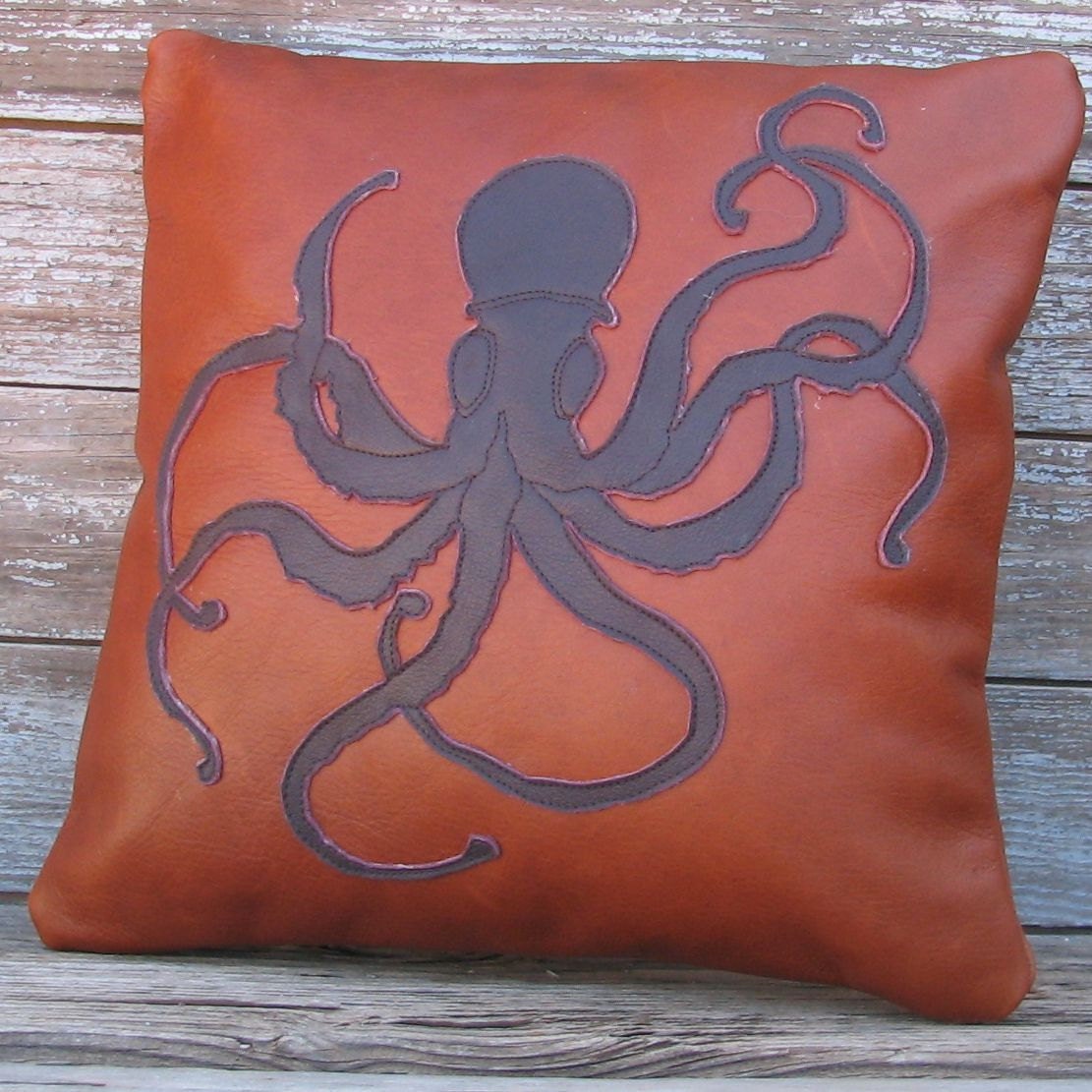 Steampunk Eggplant and Russet Brown Leather Applique Octopus Pillow