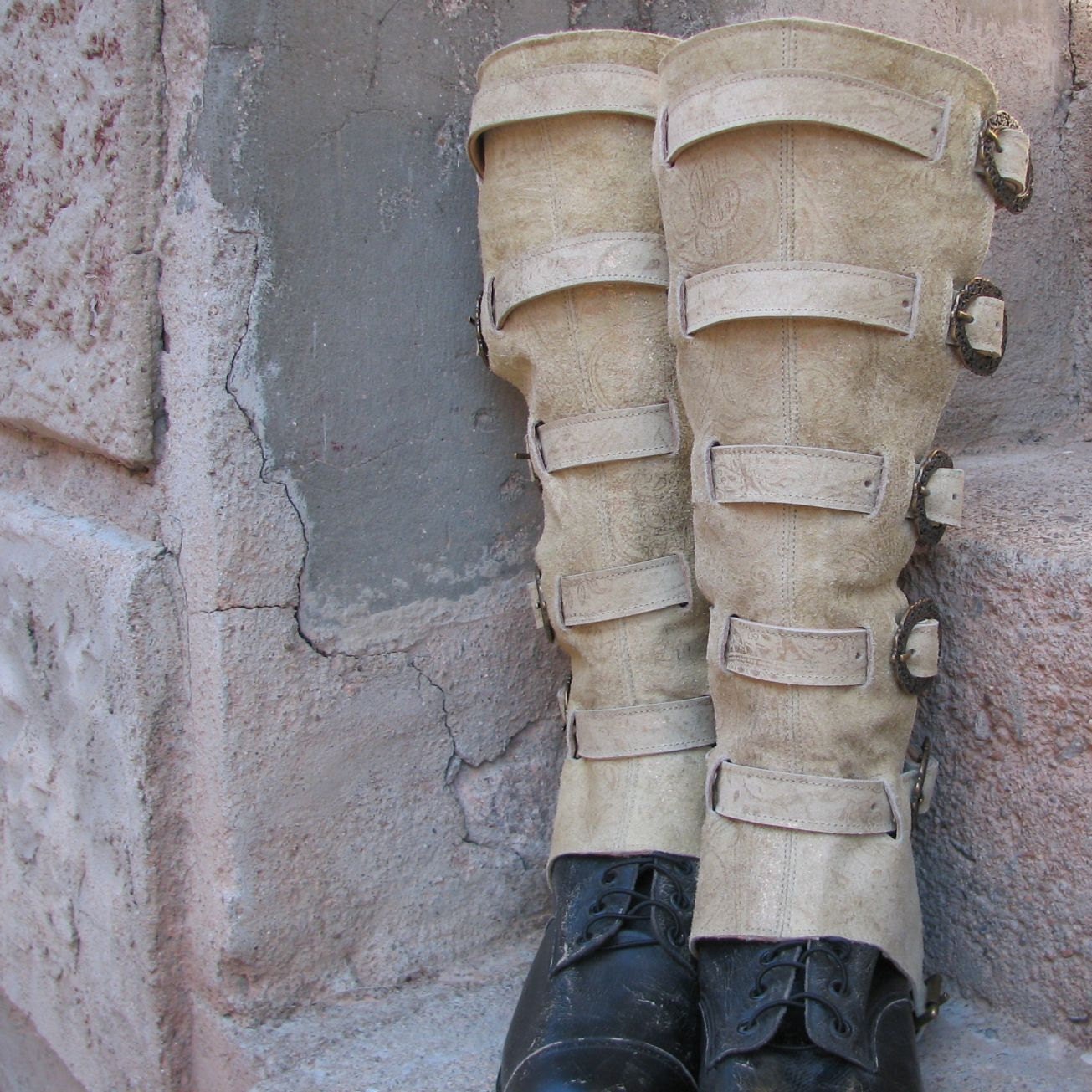 Steampunk Ladies Filigree Metallic Old Gold and Beige Rough-out Leather and Antiqued Brass Hardware Shin Guards or Gaiters