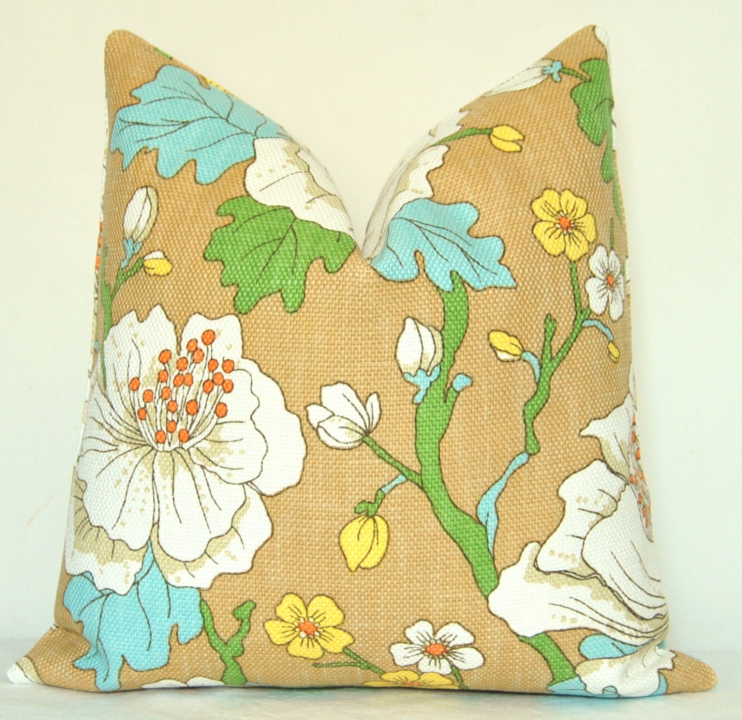 On Both Sides - Pillow Cover - Decorative Pillow - Throw Pillow - Toss Pillow - Floral - 16x16 in - Blue - Taupe -Yellow -Orange - Green