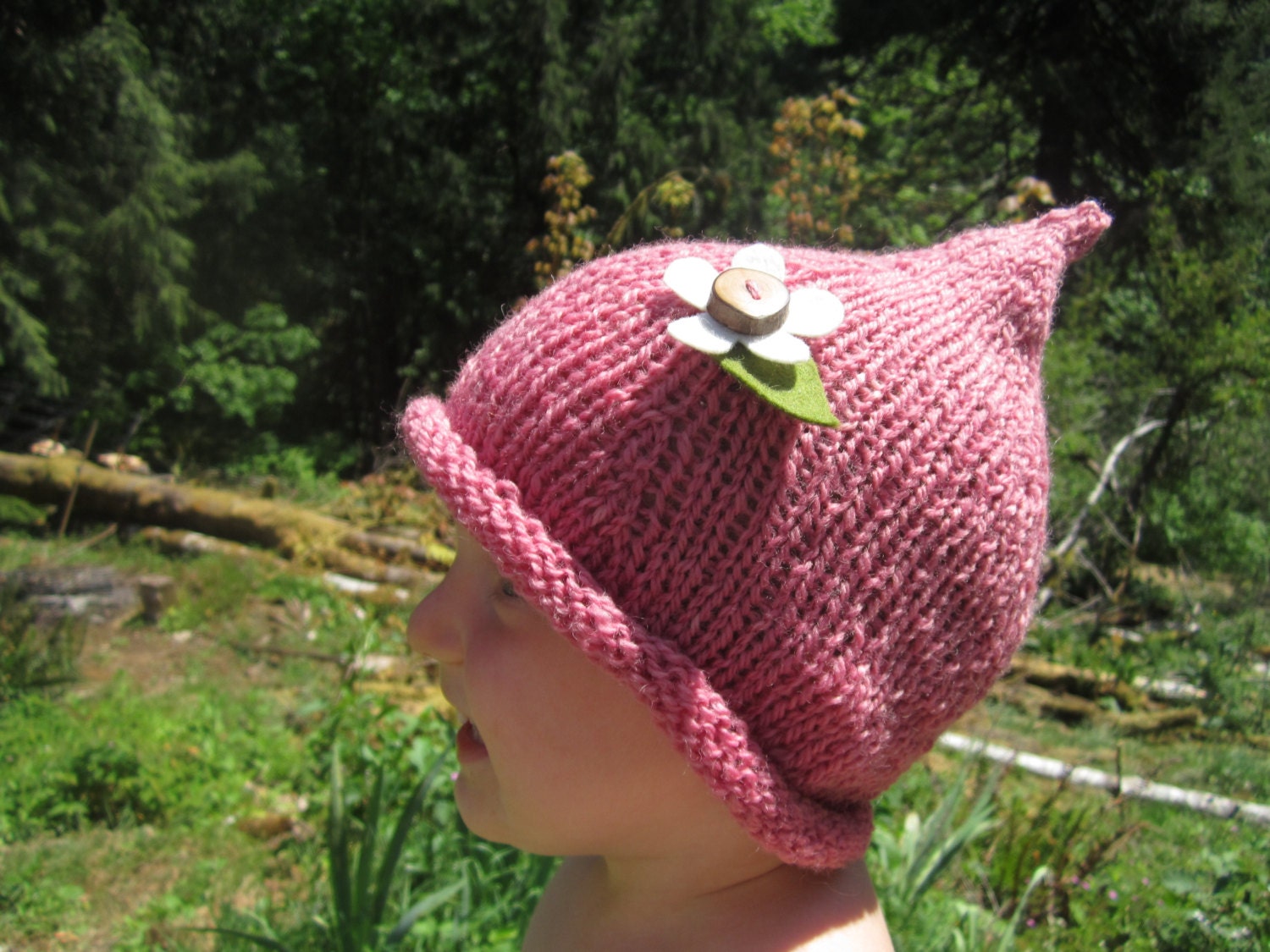 Little Wool Elf Hat- Knitted Wool Hat with Daisy Flower- Baby Toddler Elf Hat