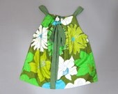 Handmade girls dress, vintage fabric dress with bow,  1 -2 years, green summer dress toddler