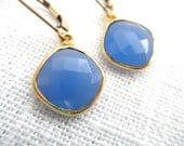 Square Blue Chalcedony earrings - blue earrings - gold earrings - E A R R I N G S