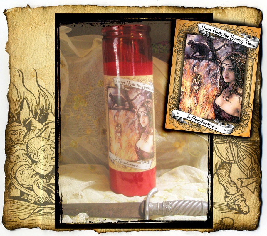 Never Again, The Burning Times Memorial 7 Day Candle - Red, Wiccan, Pagan, Witchcraft