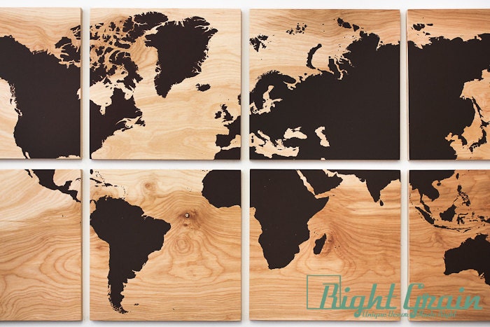 Large World Map Wall Art on Natural Birch Wood Grain Panels - 24x48 Great Gift Idea