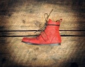 Handcrafted Leather Single Strap BOOTS - Red Perforated Italian Lambskin with Laser Etched Japanese Floral Design - MADE to ORDER