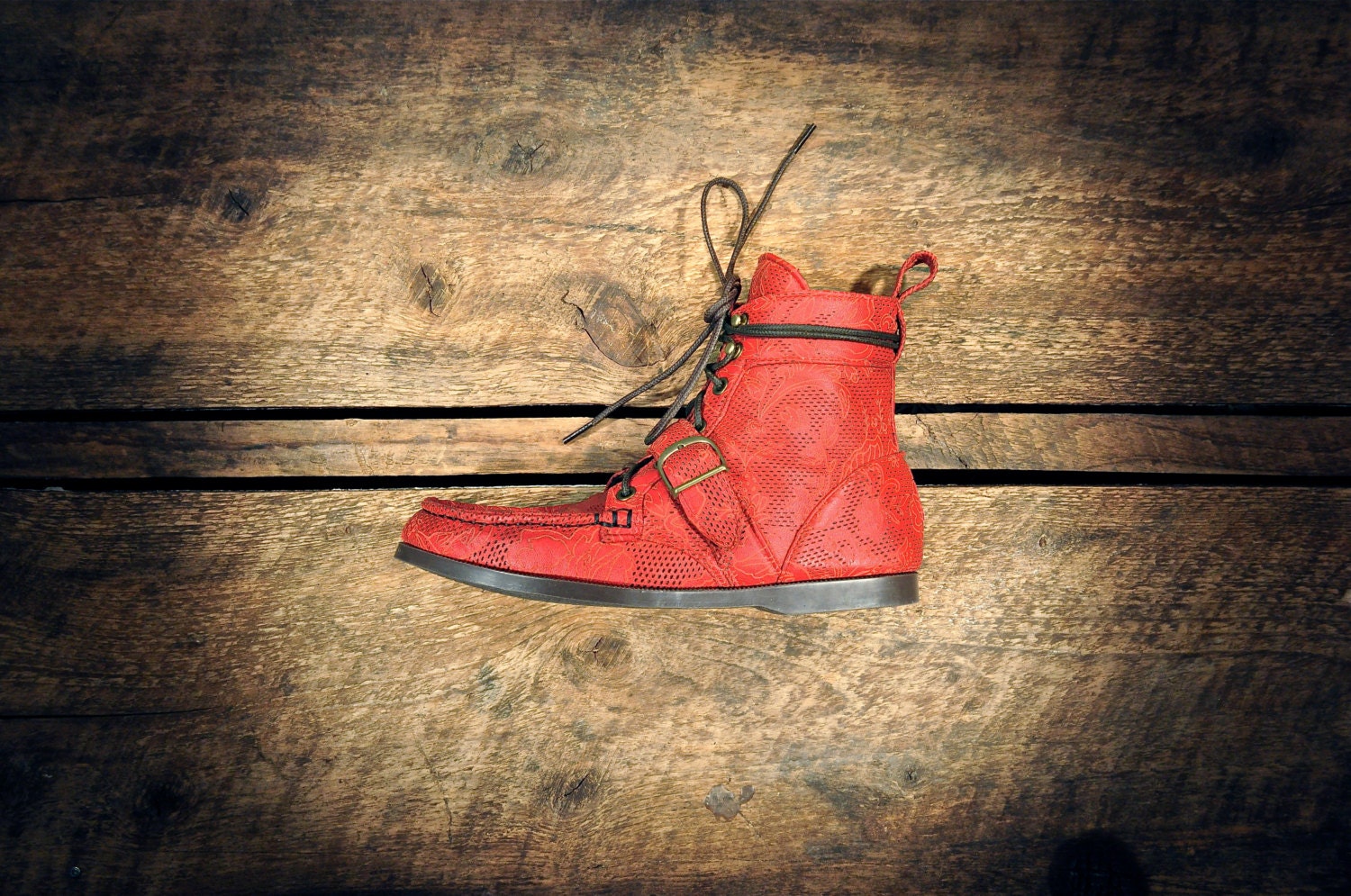 Handcrafted Leather Single Strap BOOTS - Red Perforated Italian Lambskin with Laser Etched Japanese Floral Design - MADE to ORDER