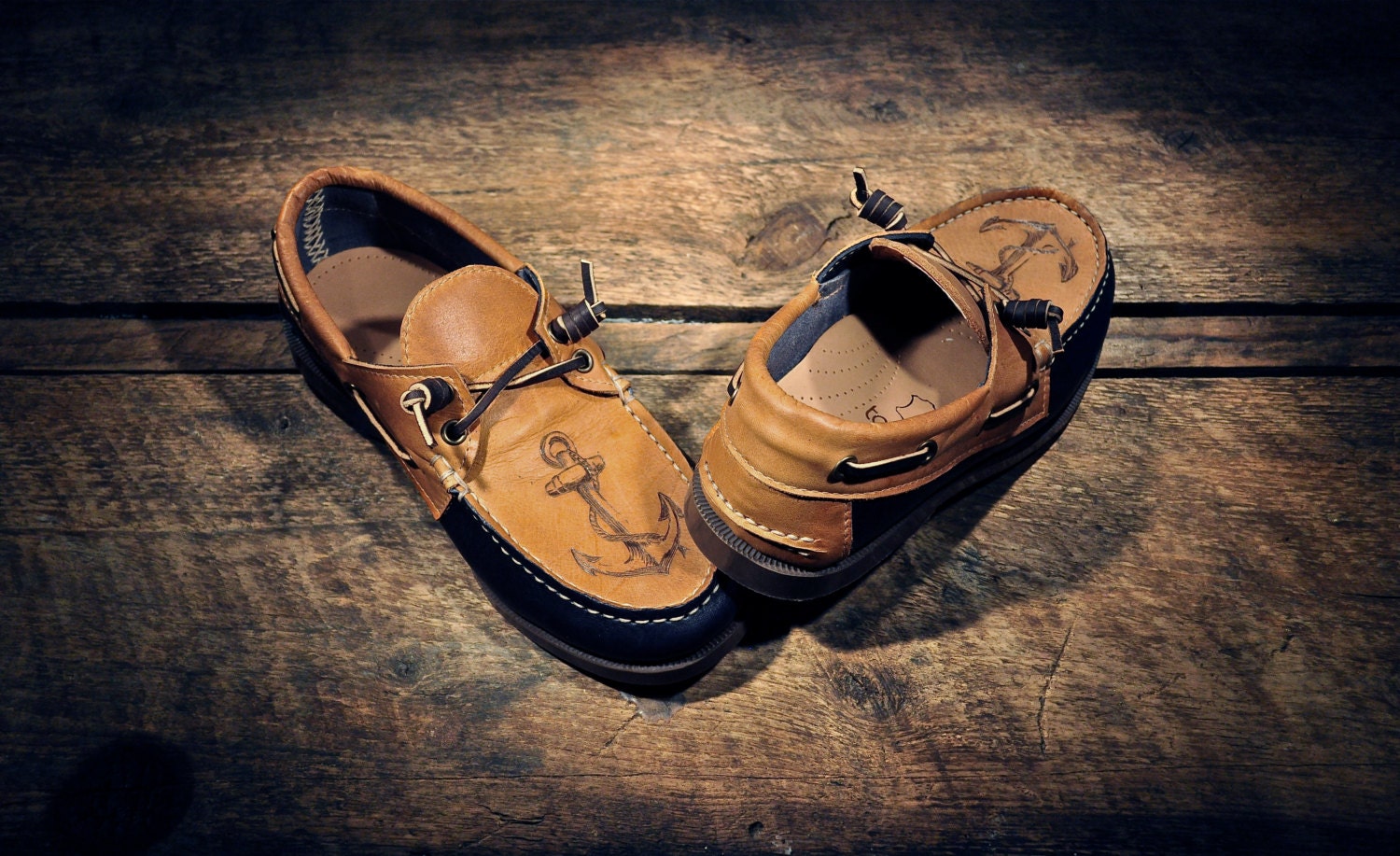 Navy & Waxed Tan Cowhide Boat Shoes with etched ANCHORs - Navy blue cowhide lined - MADE TO ORDER