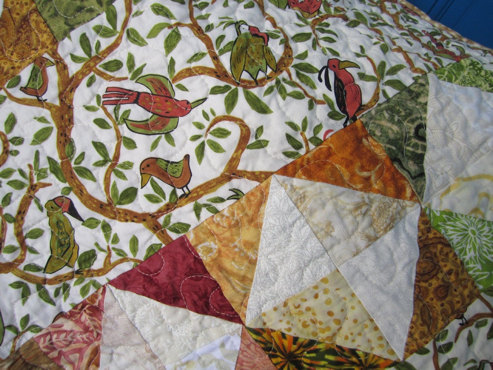 Baby Quilt- Baby Shower Gift- Baby Girl- Baby Boy- Birds- Rust- Green- Gold- Yellow
