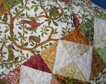 Baby Quilt- Baby Shower Gift- Baby Girl- Baby Boy- Birds- Rust- Green- Gold- Yellow