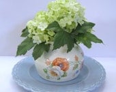 Silk Hydrangea Flowers Arrangement Vintage Pottery Harkerware Vernon Kilns Shabby Cottage Decor