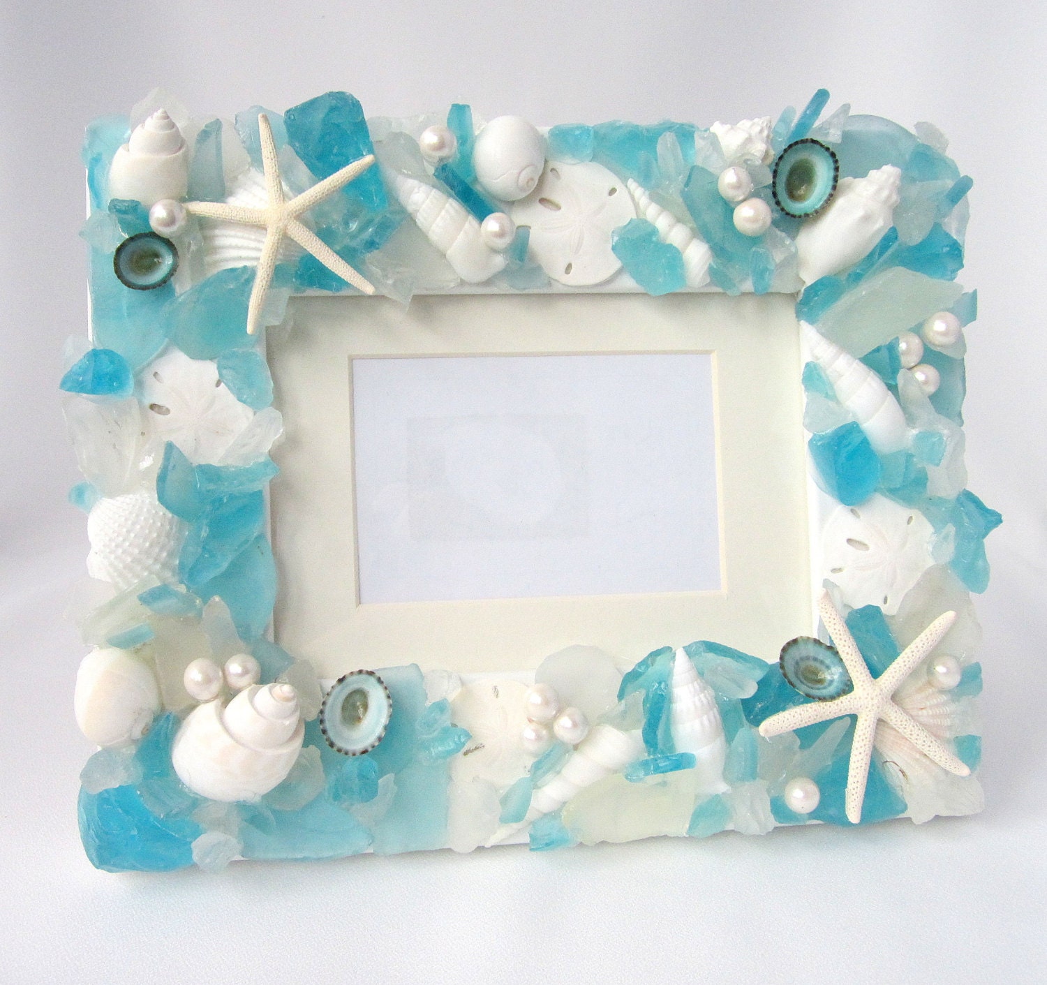 Beach Decor Sea Glass & Seashell Frame - Nautical Beach Glass Shell Frame in Aqua, 8x10