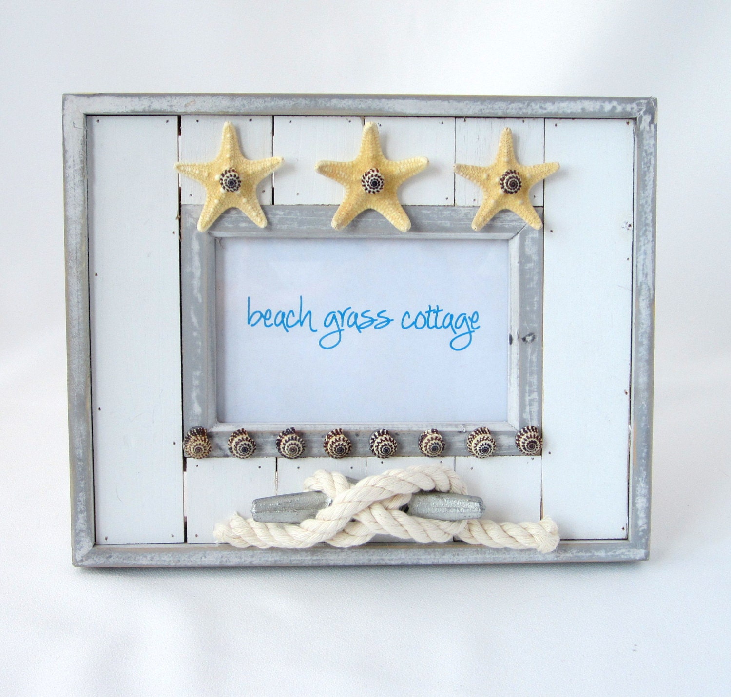Beach Decor Nautical Shell Frame -  Starfish & Seashell Frame w Nautical Cleat and Rope, 4x6