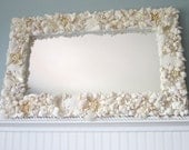 Beach Decor White Seashell Mirror -  Nautical Shell Mirror, All White Rectangular w Starfish