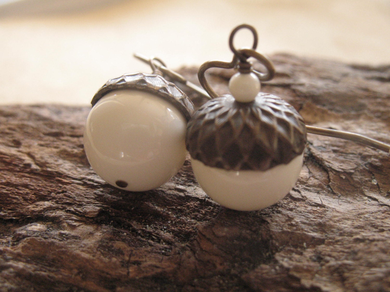 Ivory Acorn Earrings, Vintaj Brass, Swarovski Pearl