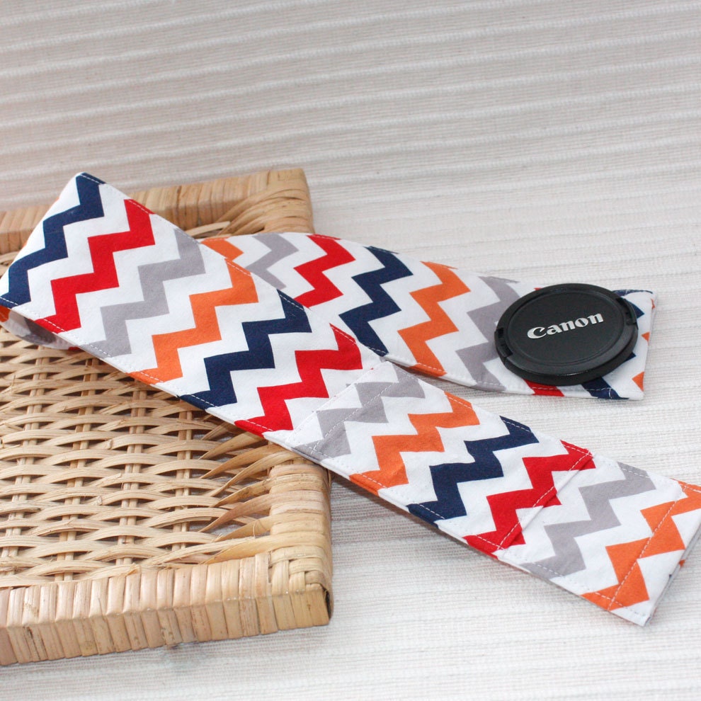 DSLR Camera Strap Cover, Padding and Lens Cap Pocket, Canon and Nikon Compatible - Medium Chevron in Boy