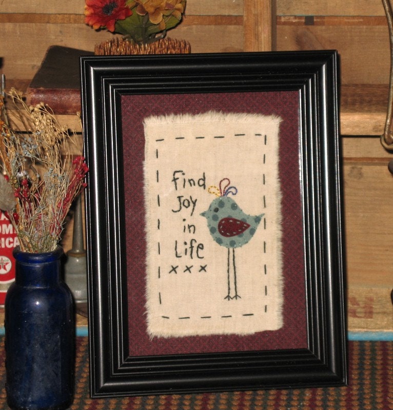 Bird of Joy Primitive Framed Stitchery