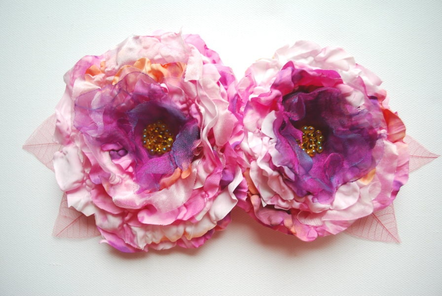 Pink-white-purple peony-Handmade fabric flowers-Brooch,comb,hair clip,corsage-Weddings,accessories,hair,bridal,bridesmaids.