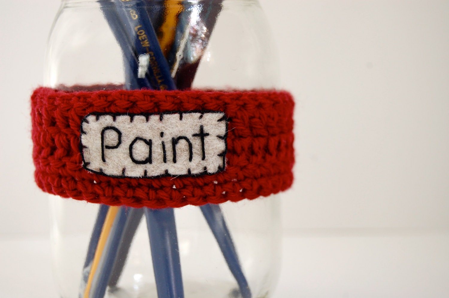 Craft Supply Organizer, Holder, Mason Jar Label, Crocheted in Dark Red