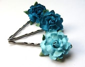 Cabbage Rose flower hair pin trio - turquoise on silver