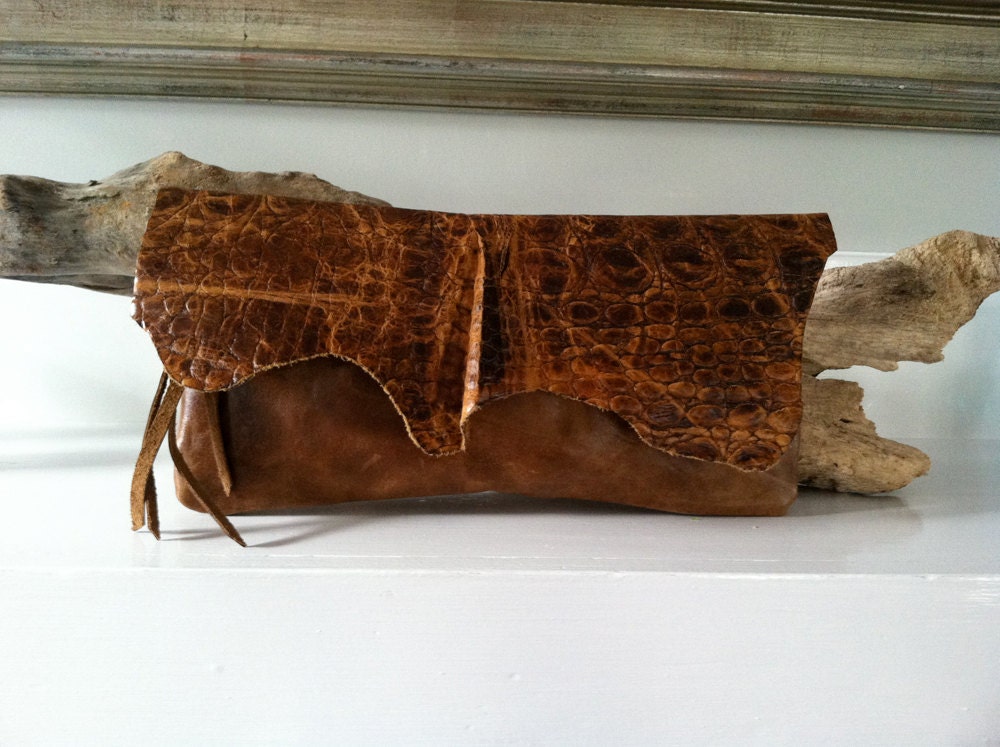 Raw Edge Brown Leather & Embossed Crocodile Leather Clutch - UOOAK- High Quality Premium European Leather