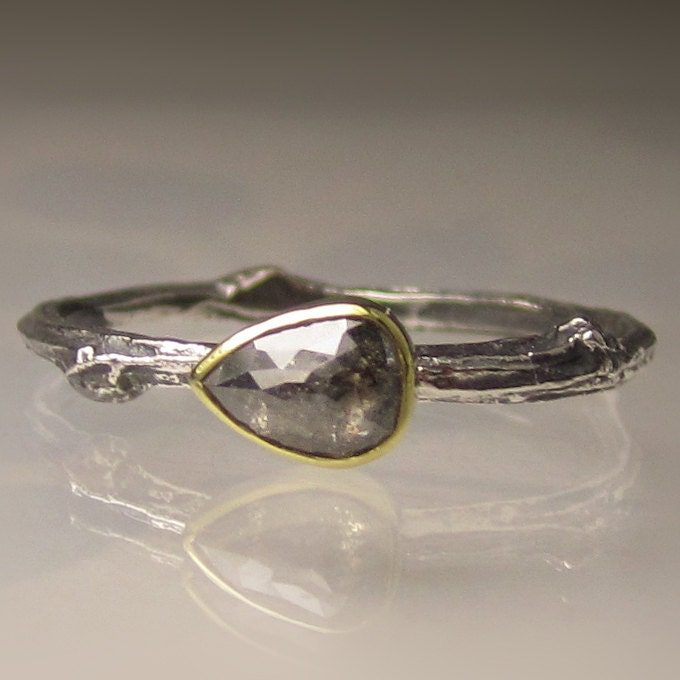 Rose Cut Diamond Twig Ring - 18k Gold and Sterling Silver - Engagement Ring