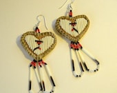 Porcupine quilled Heart earrings, black, red, pearl and silver