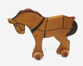 Vintage Toy Horse on Wheels, Handmade Folk Art Primitive, Pine Painted Wood w/ Details, Farm Decor