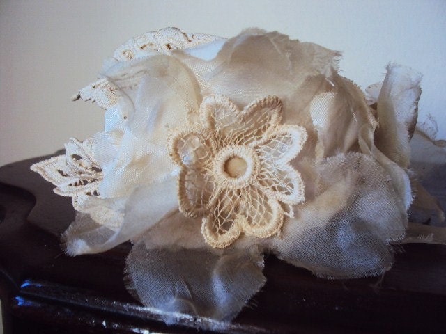 Antique 20s Tatted Lace Head Piece Head dress or Headband Chiffon Material for the Bride