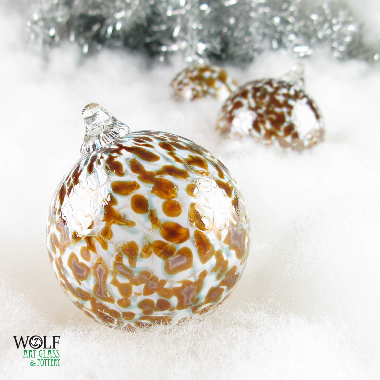 Blown Glass Ornament Ball Suncatcher Amber Brown Pale Blue and White Speckle