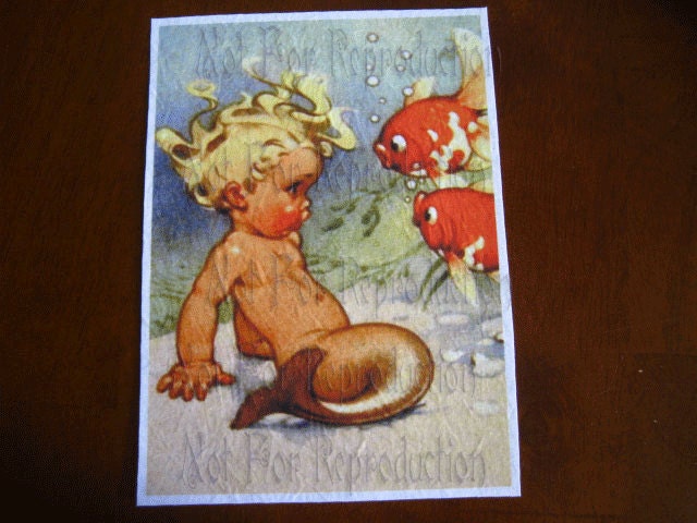 MB5  Merbaby Fabric Block Fairy Tale Mermaid Merboy Postcard Cotton Applique for Quilting 5 x 7