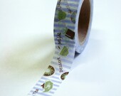 Washi Tape - 15mm - Periwinkle Stripe with Green Brown Food Designs  - Deco Paper Tape No. 587
