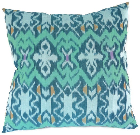 Ikat, Pillow, Cushion, Cotton, Handwoven, 16x16, Turquoise, Aqua