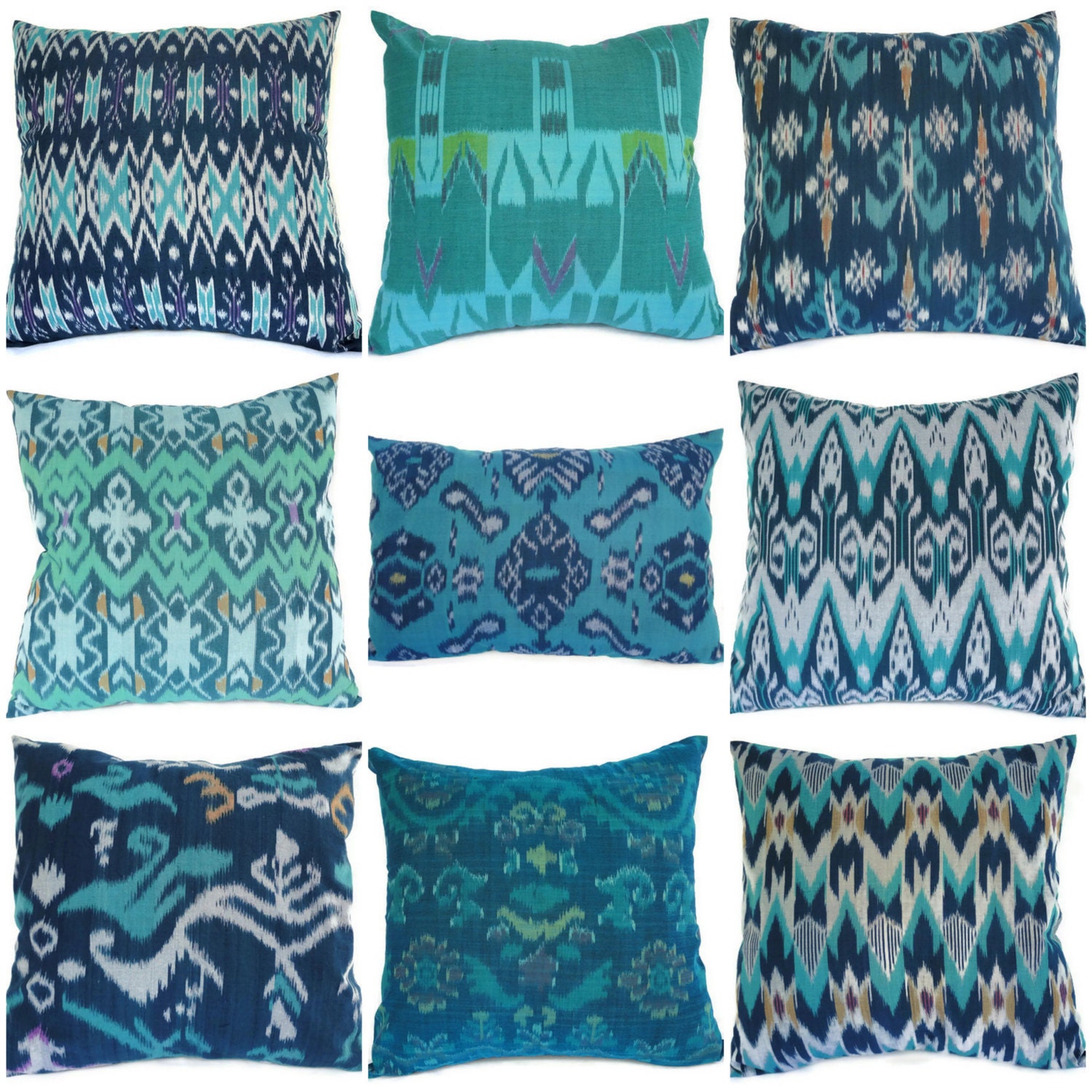 Set of 9, Ikat Pillows, 16x16/12x18, Cotton, Handwoven, Turquoise