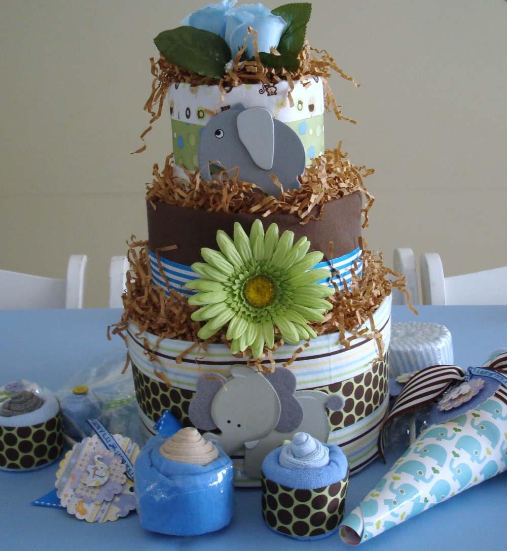 NEW Elephant Diaper Cake Baby Shower Package - 3 Tier Cake, Washcloth Bouquet, Onesie Cupcake, Lollipops