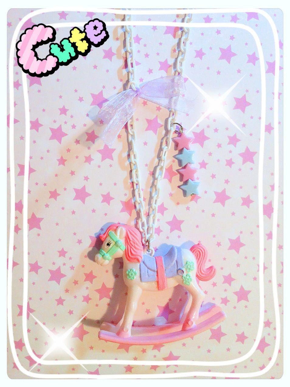 Rocking horse necklace with a pendant super fairy kei style hand decorated horse kawaii