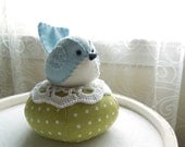 Light Blue Felt Bird on Green Polka Dot Pincushion Tuffet