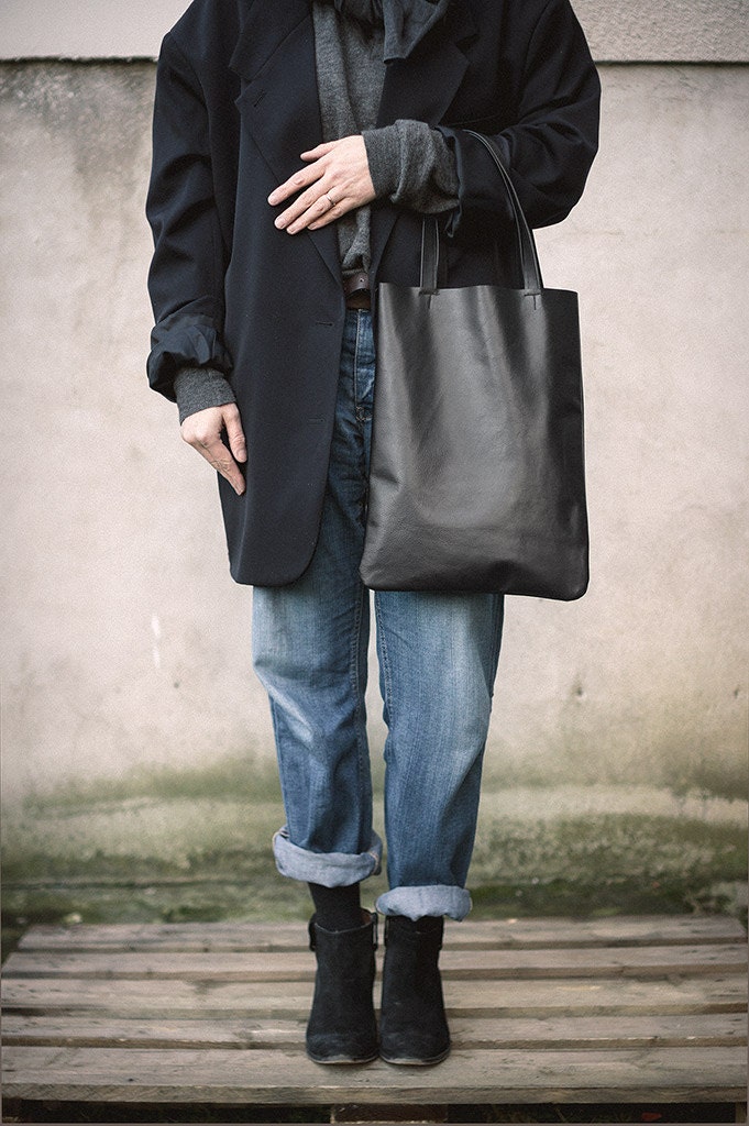 Black Leather Tote, every day tote bag