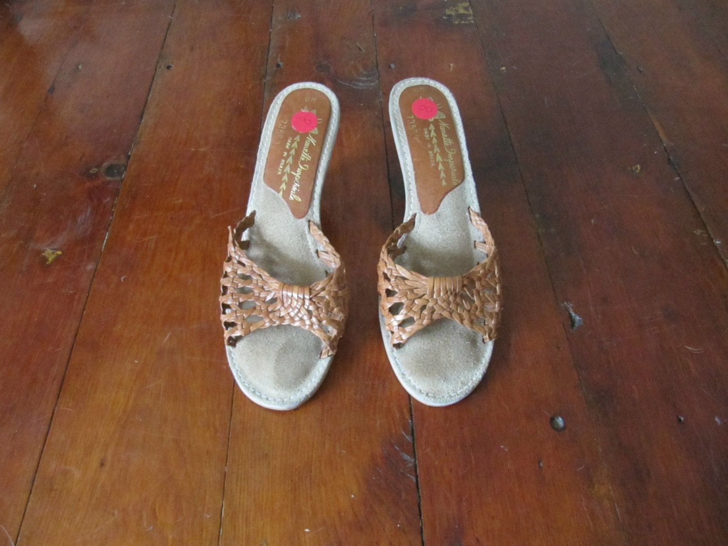 1970s boho sandals / braided leather cork wedge sandal