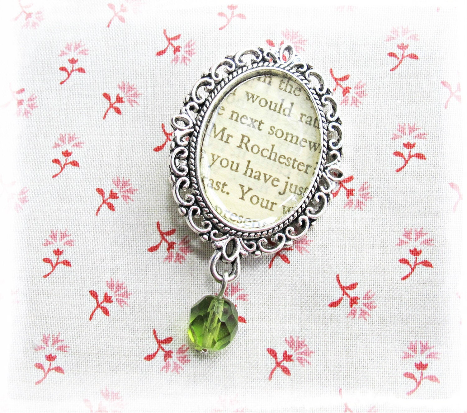 Mr Rochester Brooch. Bridal Bouquet Pin. Jane Eyre Charlotte Bronte Literature Olivine Green Vintage Repurposed Text Book. Cameo. Jewellery