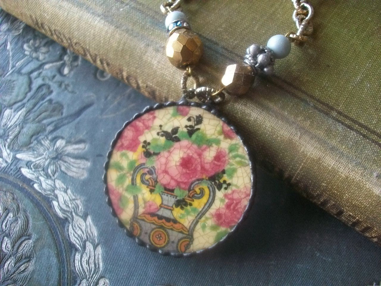 Vintage Broken China Soldered Pendant Assemblage Necklace, Shabby Chic, Wedding Jewelry, Gypsy Chic, Victorian, Mother's Day Gift