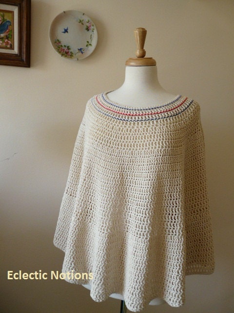 Long Cream Colored Poncho with a lavender and peach accented neckline - C113