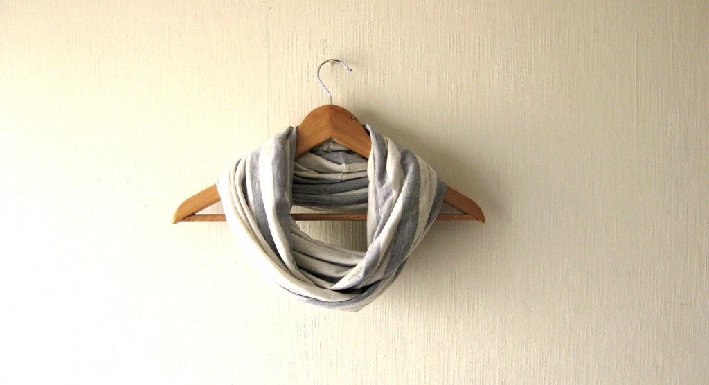 Striped light gray and white Infinity Scarf - Delicate Spring Soft Jersey Circle Scarf, Cowl, Neckwarmer, eternity scarf