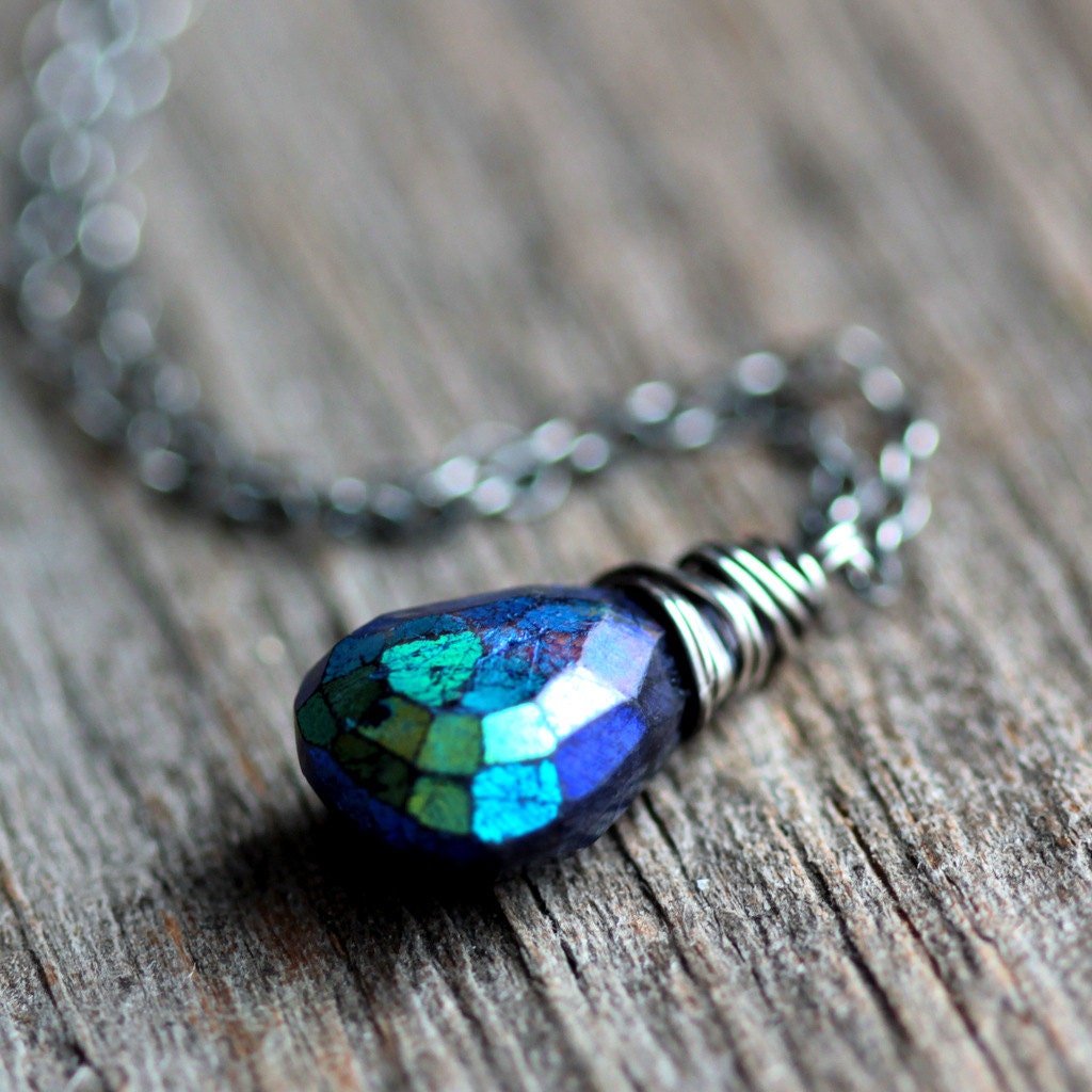 Blue Gemstone Necklace Glowing Blue Aurora Borealis Spectrolite Necklace on Sterling Silver Chain - Dragonfly - Modern Spring Fashion