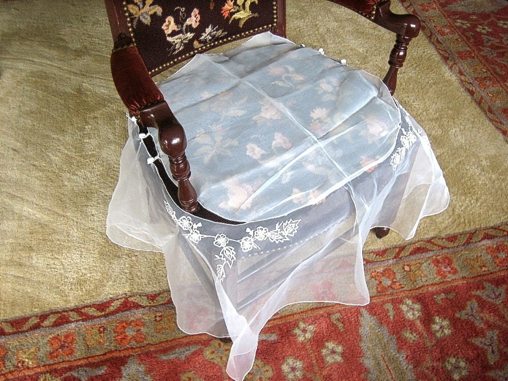 Fancy Upholstery CHAIR COVER Pad Sheer Organdy Elegant Embroidered Decorator Slip Cover