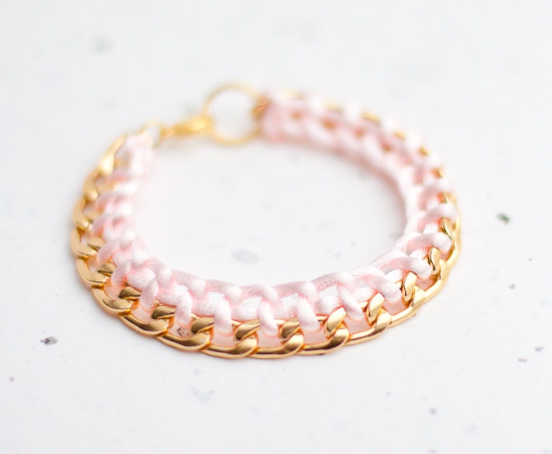 Gold Chain Braided Bracelet Light Pink Pastel Blush Modern minimalist jewelry Glam winter fashion free shipping rusteam