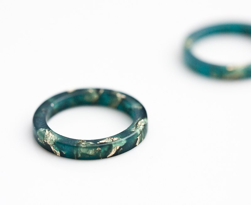 Teal Resin Stacking Ring Gold Flakes Thin Smooth Ring OOAK boho minimalist jewelry deep teal emerald petrol blue rusteam