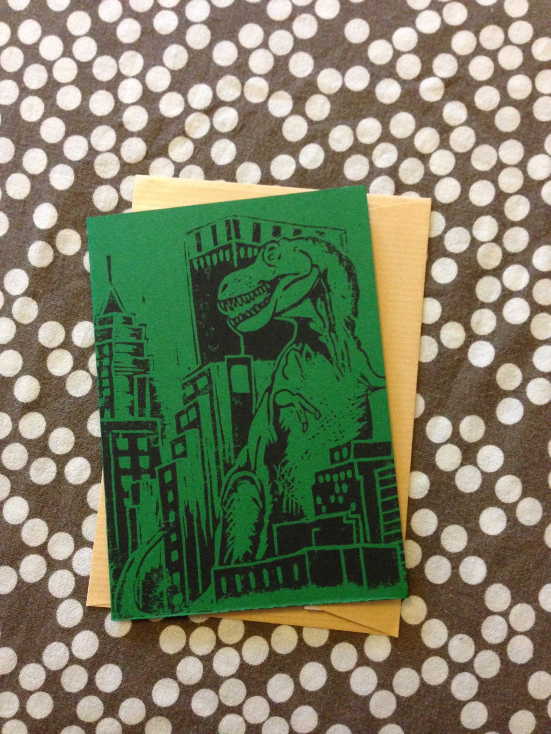 Linocut Dinosaur Stomping the City Card / notelet