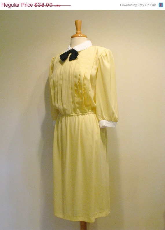 ON SALE Vintage Yellow Chiffon Blouson Dress with Bow Tie