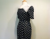 ON SALE Vintage Navy Blue Polka Dot Chiffon Dress with Organza Collar