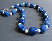 Chunky Dark Blue and White Necklace / Dyed Howlite Nugget and White Quartz Gemstone Necklace / Sterling Silver Toggle - Soar